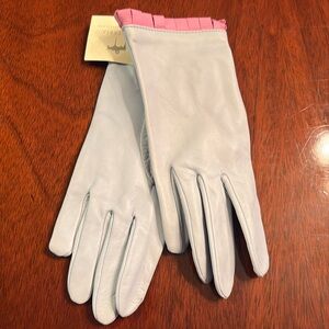 Pale blue kid leather gloves with pink fringe not lined